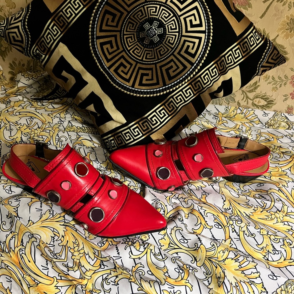John Fluevog Red Pointed Toe Cutout Slingback Flats - Picture 4 of 5
